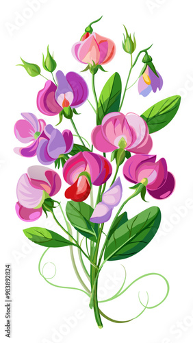 Elegant Sweet Pea Flower Illustration - Soft Pink and Red Petals with Lush Green Leaves, Ideal for Romantic and Spring Themes, Sweet Pea Flower vector Illustration, Sweet Pea vector Illustration