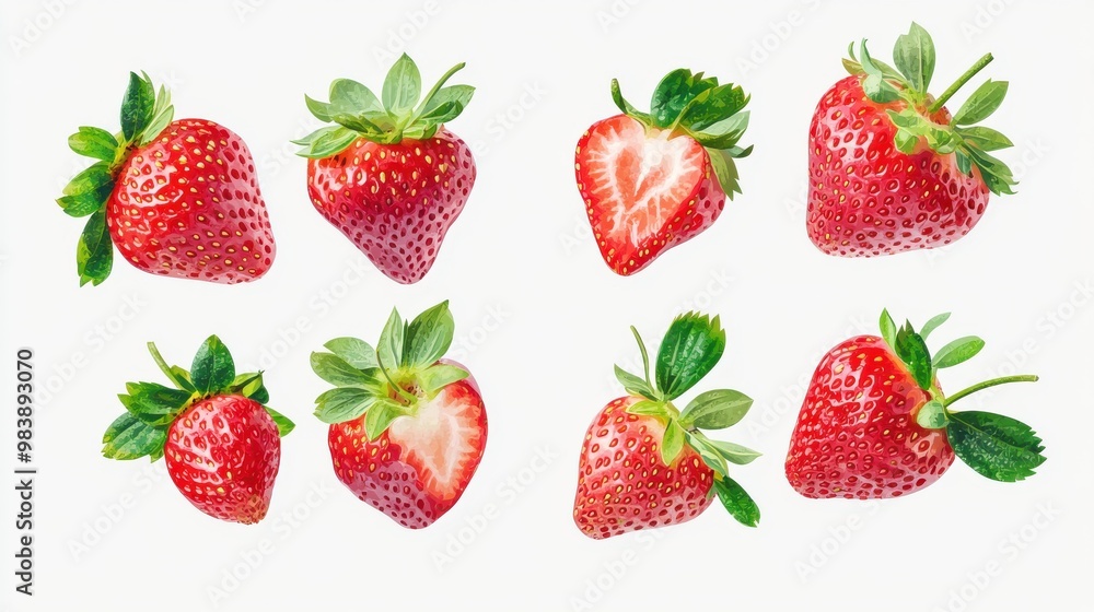 Design an image featuring a set of four groups of strawberries Design an image featuring a set of four groups of strawberries