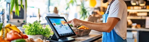 Man Using a Tablet POS System in a Store.