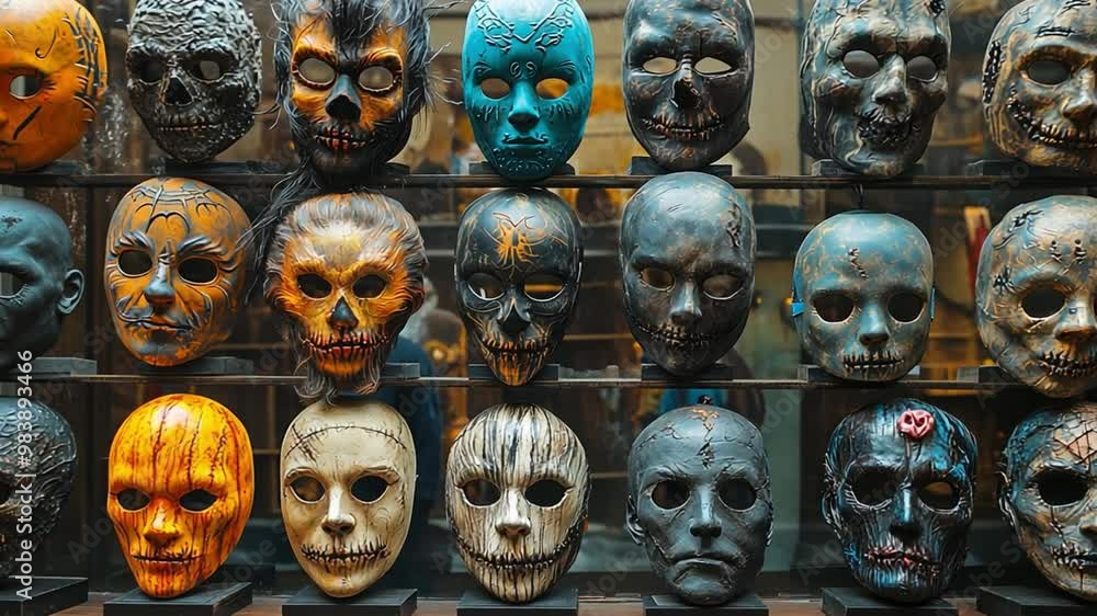 This Intricate skull masks in vivid colors are showcased on a shelf, perfect for Halloween festivities. This Intricate skull masks in vivid colors are showcased on a shelf, perfect for Halloween festivities.