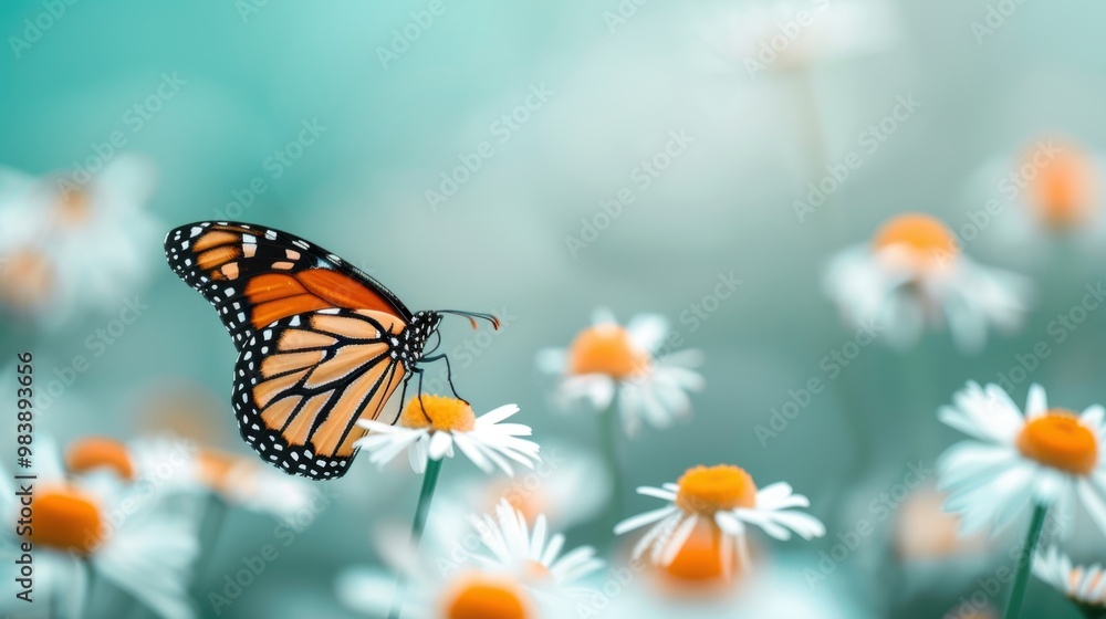 A Monarch butterfly with its wings spread wide, perched on a daisy in a field of wildflowers. A Monarch butterfly with its wings spread wide, perched on a daisy in a field of wildflowers.