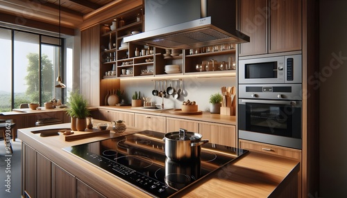 Wallpaper Mural Induction stove, oven and range hood on modern kitchen with wooden furniture. Stainless pan on glass ceramic hob Torontodigital.ca