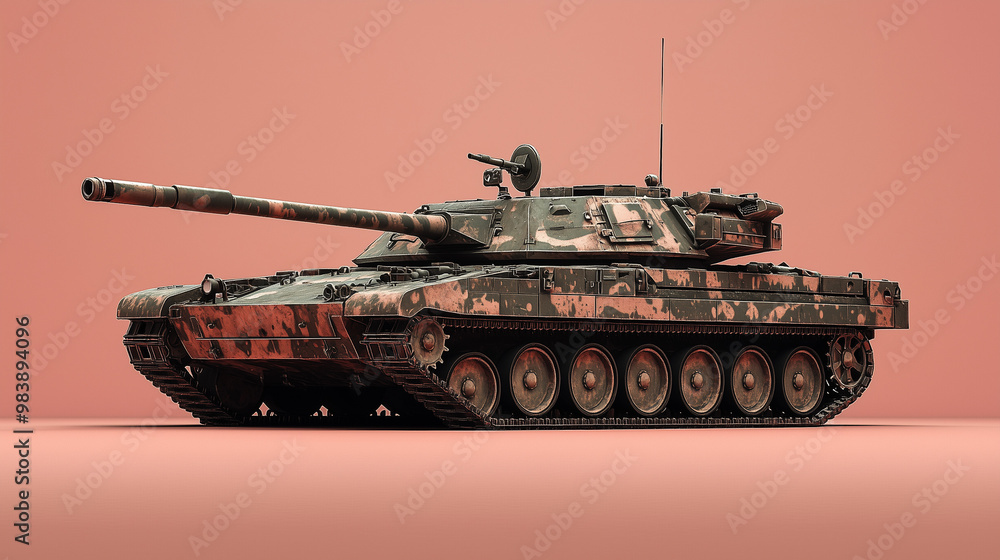 Camouflaged Steel Sentinel: A solitary tank, cloaked in desert camouflage, stands guard against a stark pink backdrop. Camouflaged Steel Sentinel: A solitary tank, cloaked in desert camouflage, stands guard against a stark pink backdrop.