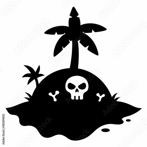 Pirate Island Vector Skull on Palm Tree Island Silhouette Illustration