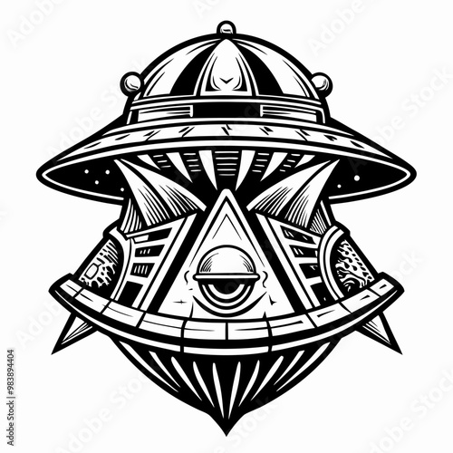 Retro Futuristic UFO Illustration with Intricate Geometric Details and Cosmic Elements