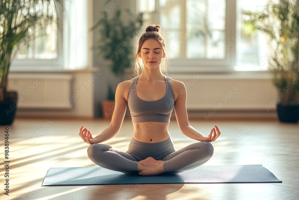 A young woman sits cross-legged on a yoga mat in a sunlit room, meditating in a peaceful atmosphere. Generative ai. A young woman sits cross-legged on a yoga mat in a sunlit room, meditating in a peaceful atmosphere. Generative ai.