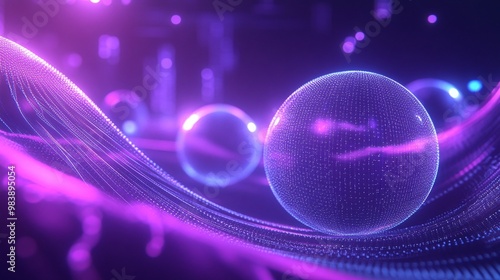 A stunning abstract composition featuring luminous spheres and vibrant waves of purple and blue light, creating an otherworldly atmosphere. photo