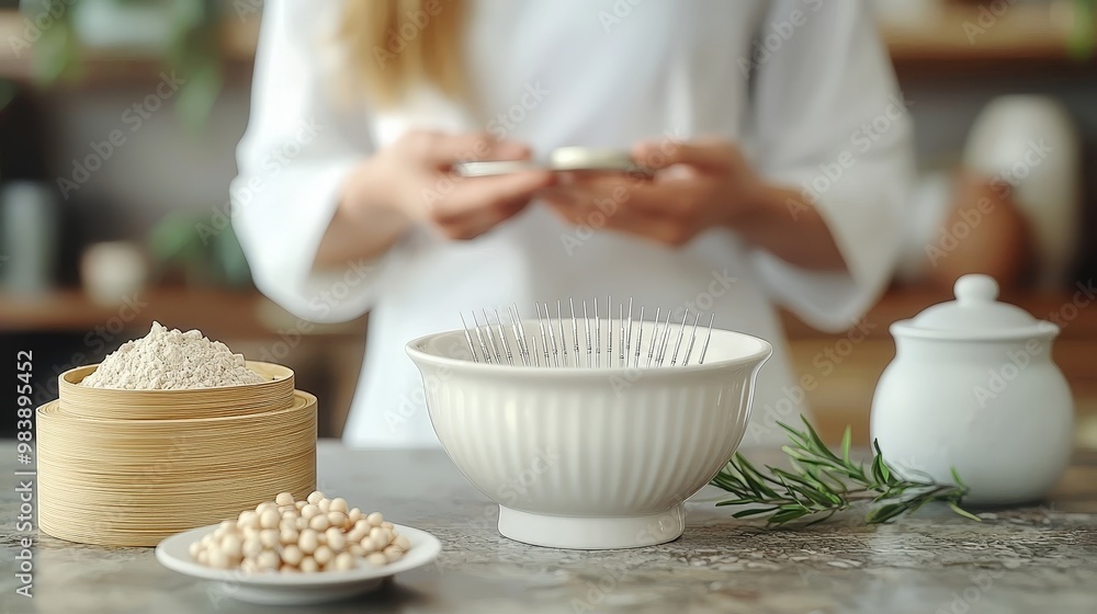 Acupuncture Needles in Bowl with Herbs Flour and Soybeans Acupuncture Needles in Bowl with Herbs Flour and Soybeans