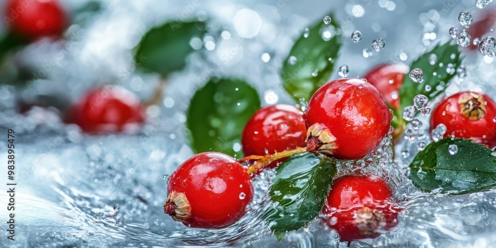 Fresh rosehip berries with green leaves, surrounded by splashes of water. Fresh rosehip berries with green leaves, surrounded by splashes of water.