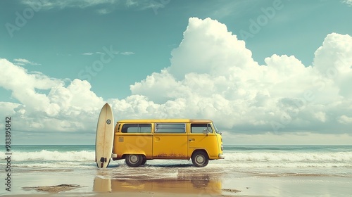 A yellow van with a surf board at the beach photo