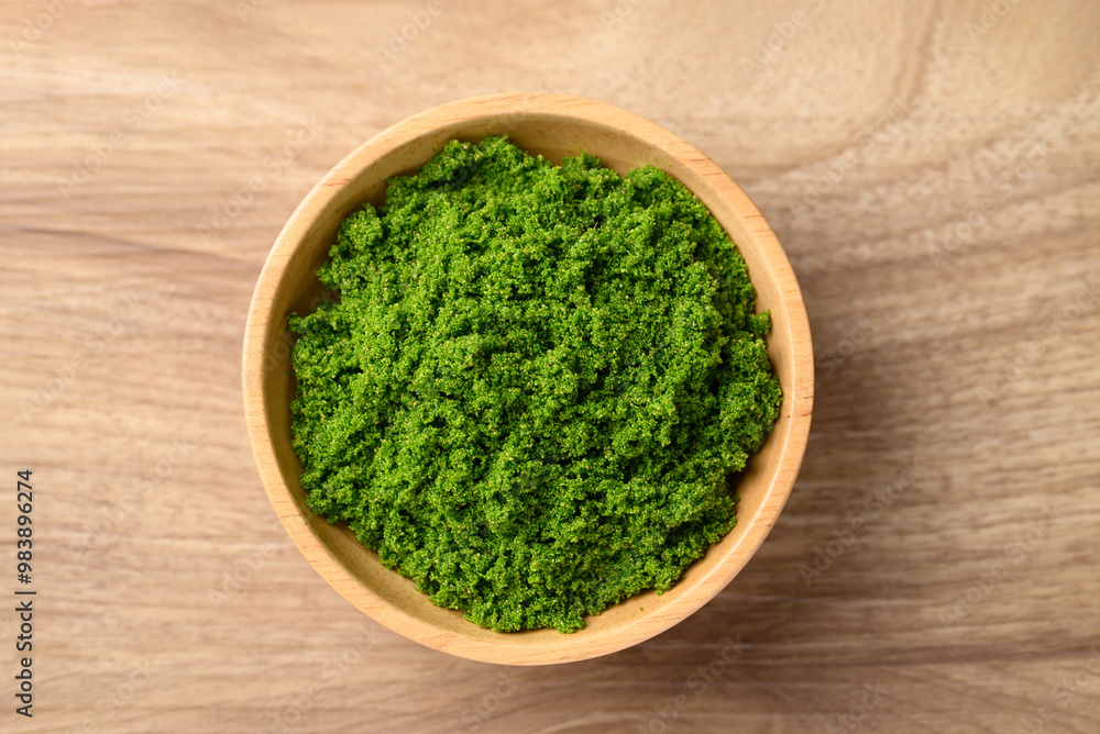 Wolffia or watermeal in bowl, Edible small aquatic plant high protein, Table top view Wolffia or watermeal in bowl, Edible small aquatic plant high protein, Table top view
