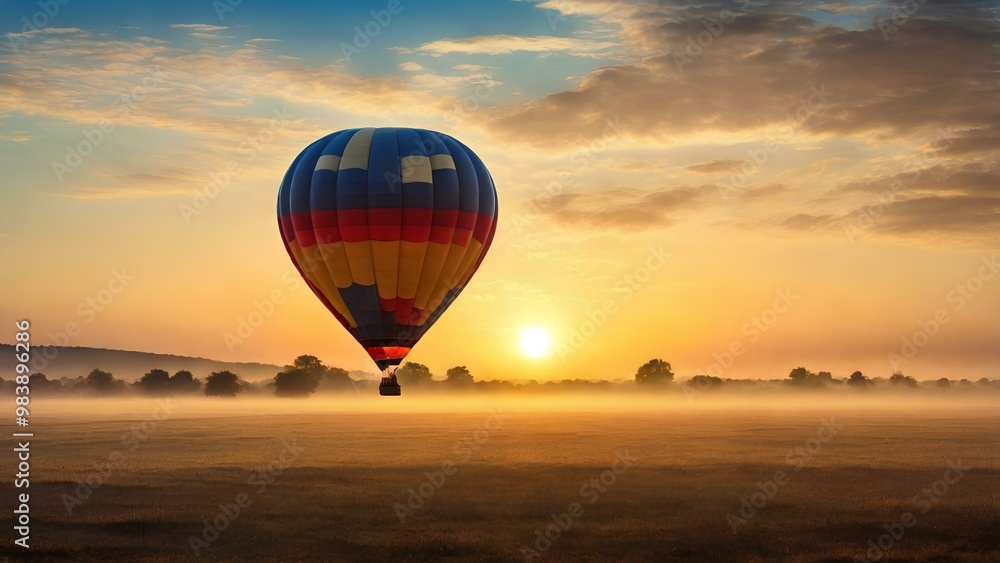 Obraz premium Hot air balloon at sunrise, in a wide field, calm atmosphere