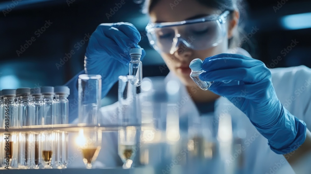 Scientist in blue gloves handling vials in a laboratory, conducting research with advanced equipment, focused and precise Scientist in blue gloves handling vials in a laboratory, conducting research with advanced equipment, focused and precise