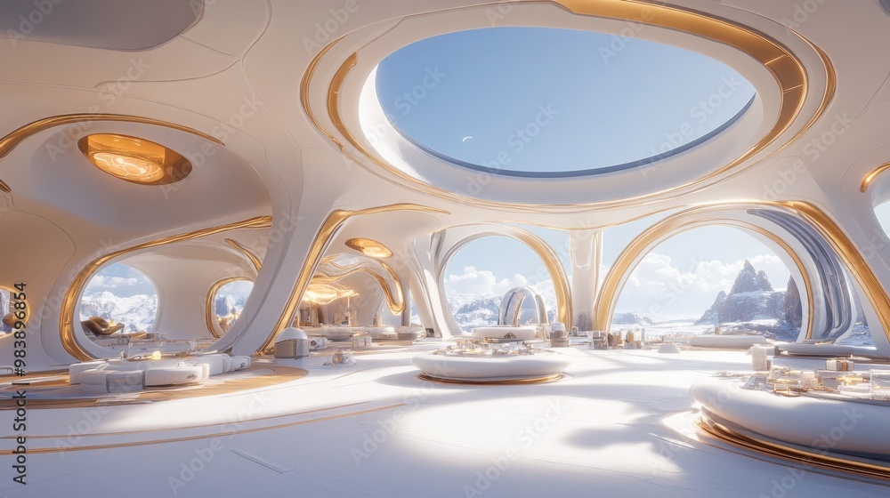Futuristic Dome Interior with Panoramic Mountain Views Futuristic Dome Interior with Panoramic Mountain Views