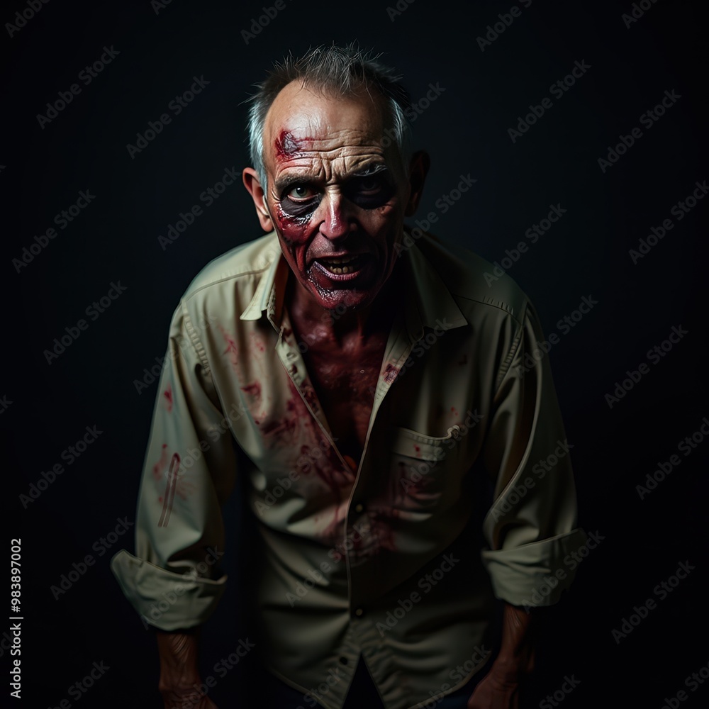 Terrifying portrait of a middle-aged man with rotting zombie makeup and torn clothes as he stalks the night isolated on dark solid color background Terrifying portrait of a middle-aged man with rotting zombie makeup and torn clothes as he stalks the night isolated on dark solid color background