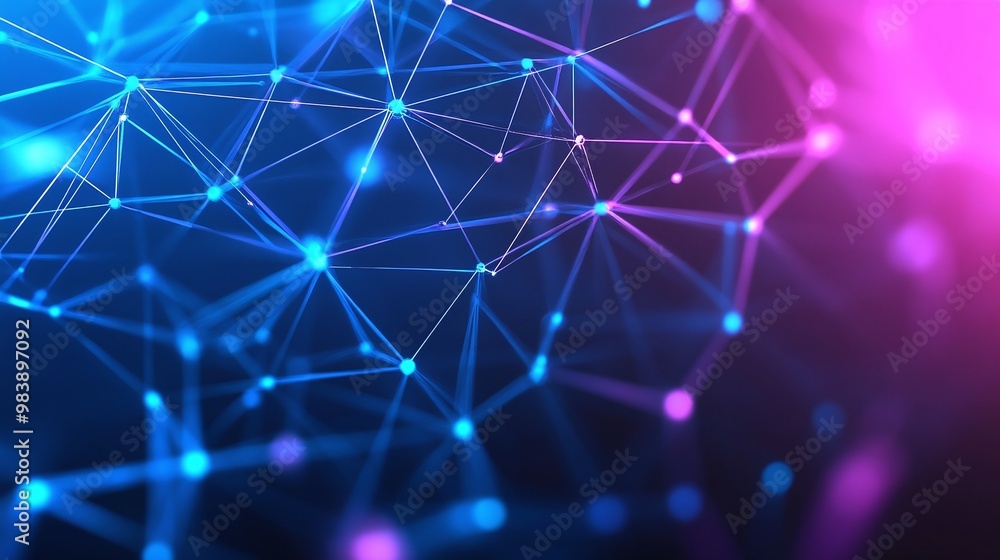 Obraz premium A vibrant abstract illustration featuring interconnected nodes and lines in blue and pink tones, symbolizing technology and connections.