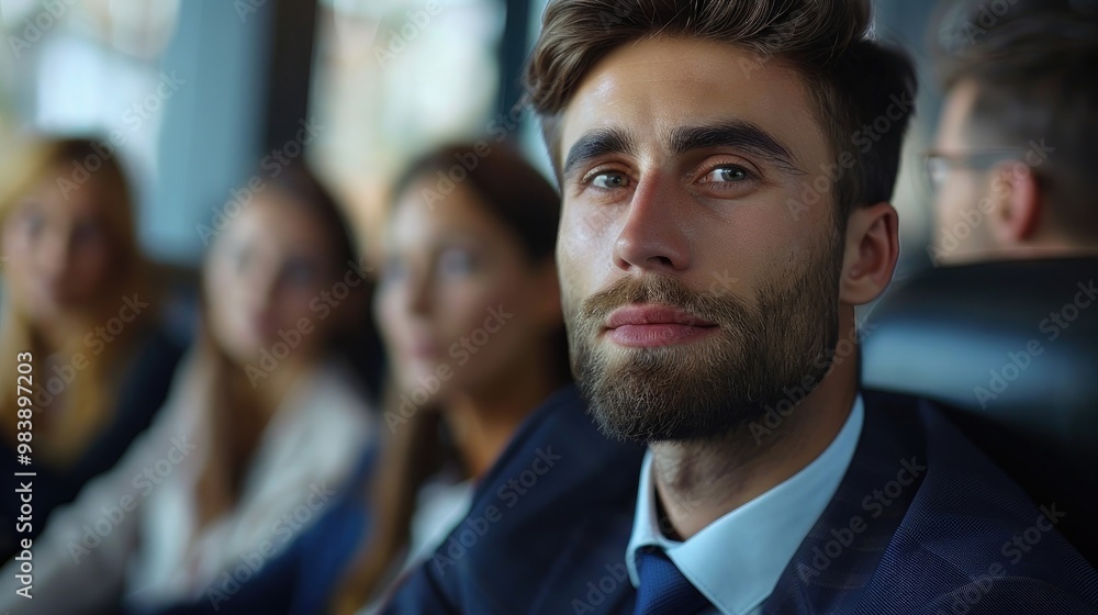 Portrait of confident young businessman during team meeting. Portrait of confident young businessman during team meeting.