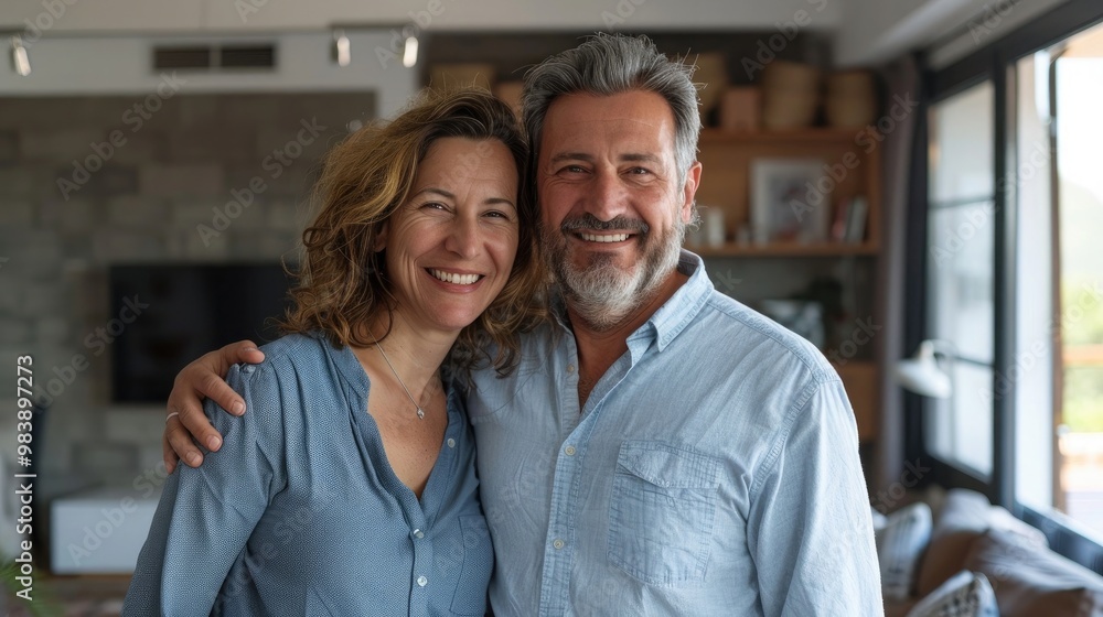 Portrait of happy smiling mature older family couple real estate owners standing at home, affectionate senior middle aged man and woman in love hugging in modern house house living room interior. Portrait of happy smiling mature older family couple real estate owners standing at home, affectionate senior middle aged man and woman in love hugging in modern house house living room interior.