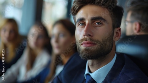 Portrait of confident young businessman during team meeting.