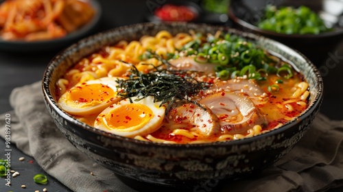 Bowl of Japanese ramen with tender pork slices softboiled egg and noodles in a rich flavorful broth topped with seaweed and green onions