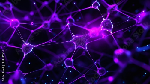 A vibrant abstract representation of connected neurons illuminated in shades of purple against a dark background. photo