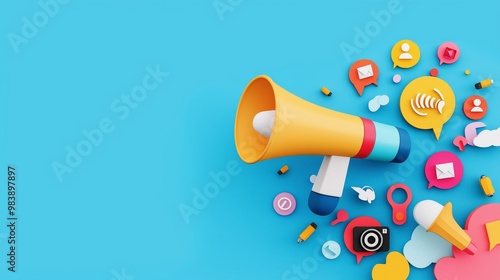 A colorful megaphone surrounded by vibrant communication icons on a blue background, symbolizing effective messaging and outreach.