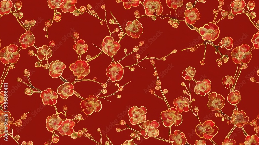 Red seamless pattern with golden flowering tree branches. Endless texture decoration with line gold flowers. outlined illustration. AI generated illustration Red seamless pattern with golden flowering tree branches. Endless texture decoration with line gold flowers. outlined illustration. AI generated illustration