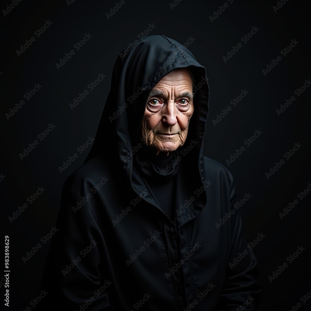 Dark and mysterious portrait of an older woman in a black widow spider costume with a flowing veil and piercing eyes isolated on dark solid color background Dark and mysterious portrait of an older woman in a black widow spider costume with a flowing veil and piercing eyes isolated on dark solid color background