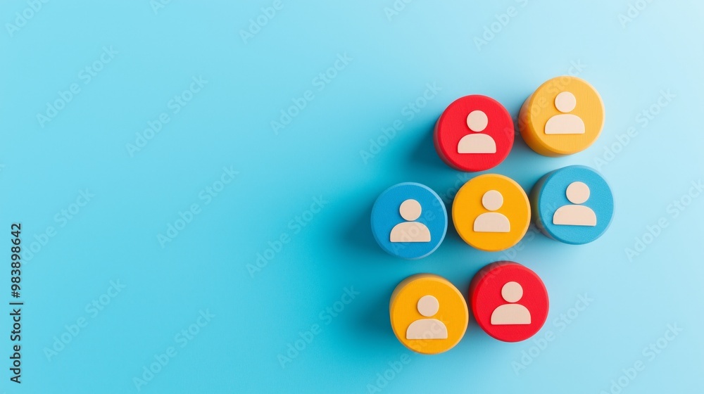 Colorful round icons representing diverse people on a blue background, showcasing connection and community in a modern design. Colorful round icons representing diverse people on a blue background, showcasing connection and community in a modern design.