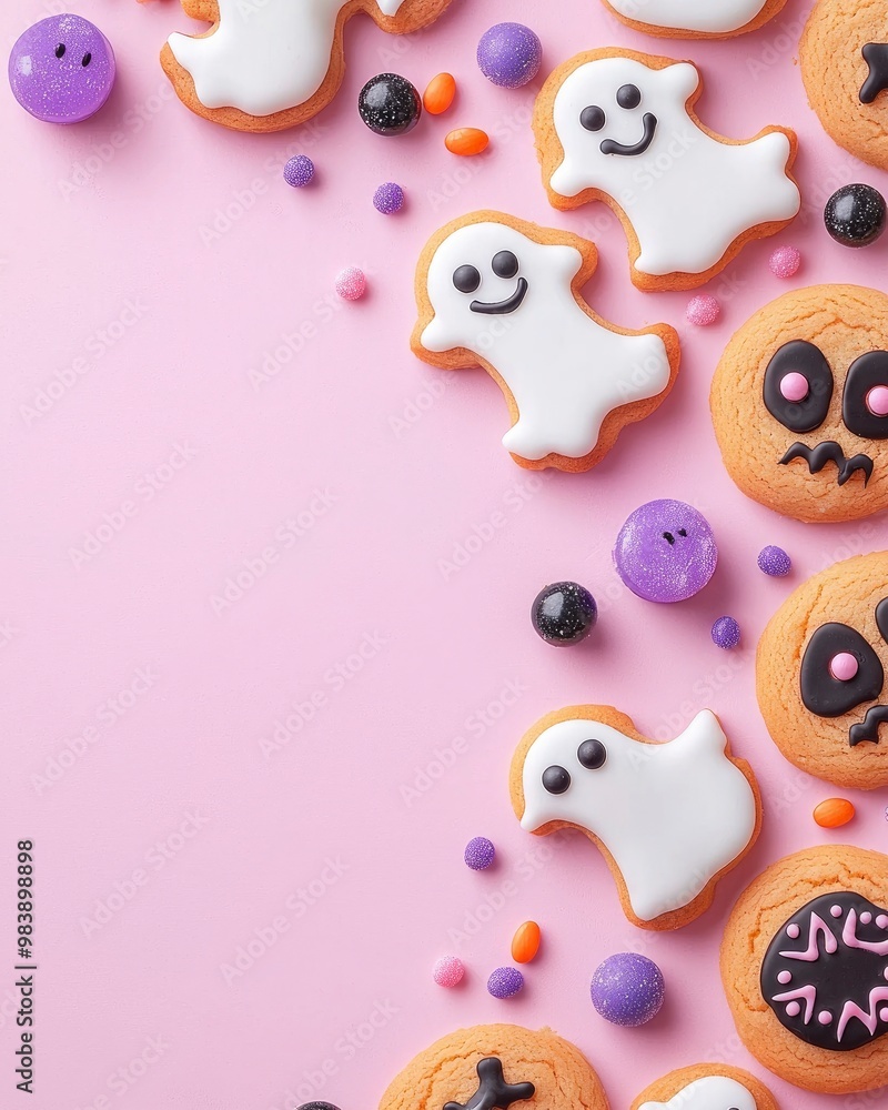 autumn, Halloween backdrop with decoration and cookies In form of ghosts on pink background. festive card, flyer, invitation concept.copy space autumn, Halloween backdrop with decoration and cookies In form of ghosts on pink background. festive card, flyer, invitation concept.copy space