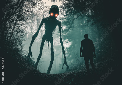 A terrifying, tall humanoid creature with glowing red eyes and long arms stalks through the dark forest, while an adult man stands alone to face it.