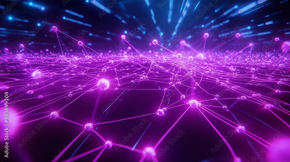 Obraz premium A vibrant digital landscape showcasing interconnected nodes and beams of light in shades of pink and blue, symbolizing technology and innovation.