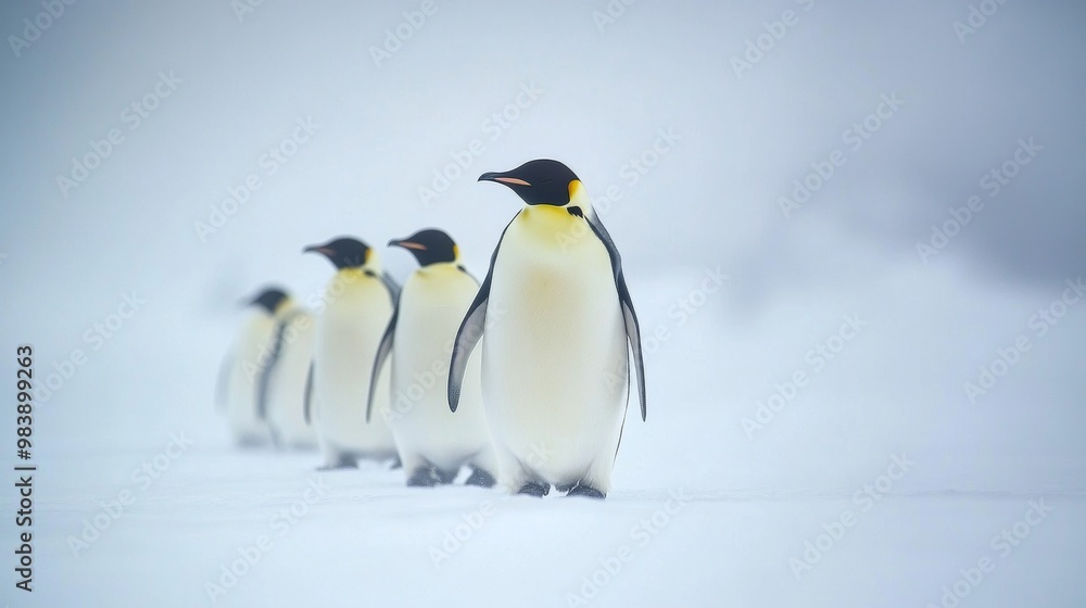 Fototapeta premium Emperor penguins stand and walk on the snow in Antarctica.