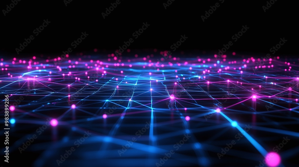 A vibrant digital landscape with glowing pink and blue lights, representing technology, connection, and modern innovation. A vibrant digital landscape with glowing pink and blue lights, representing technology, connection, and modern innovation.