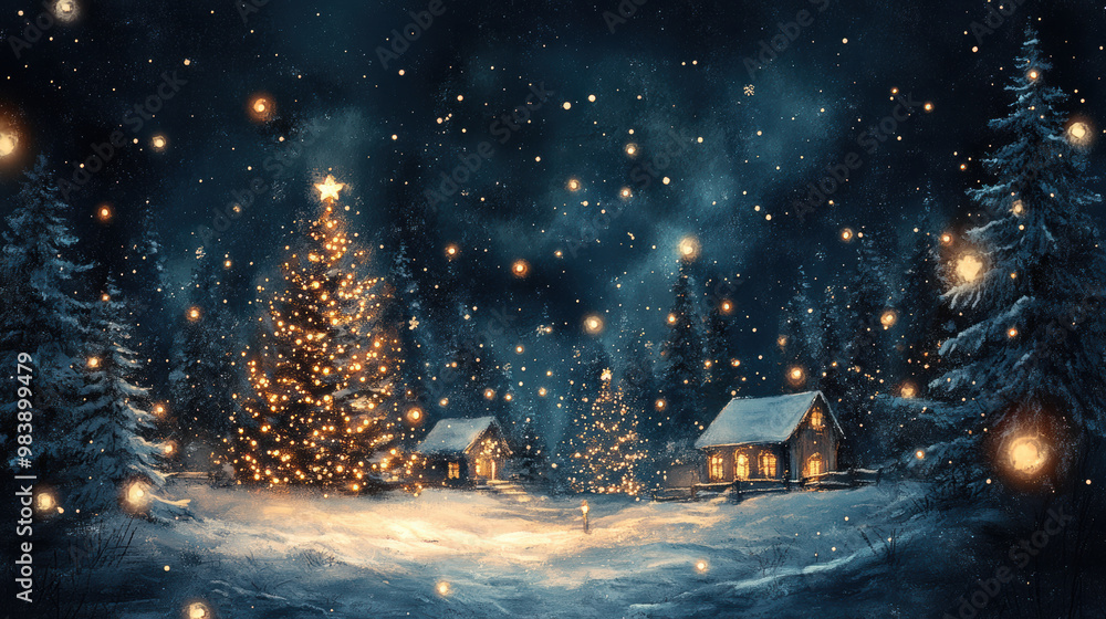 Painted Christmas Scene, Snow Scene With Christmas tree Painted Christmas Scene, Snow Scene With Christmas tree