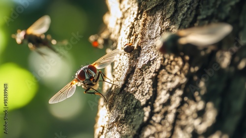 Flies look for food in trees by holding their bodies in different ways. photo