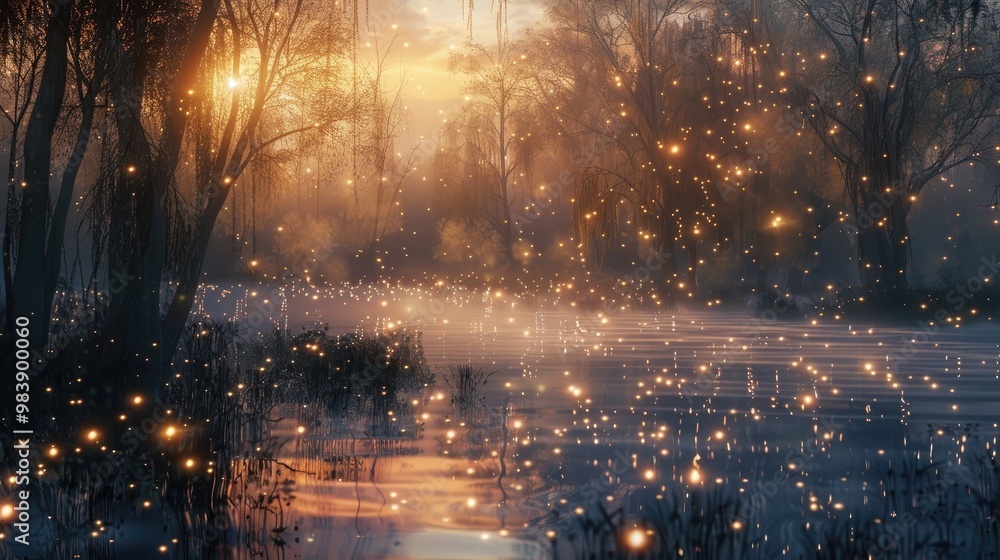 Naklejka premium Stardust swamp at twilight where the water and air shimmer with fine star like particles creating a dreamy mystical ambiance