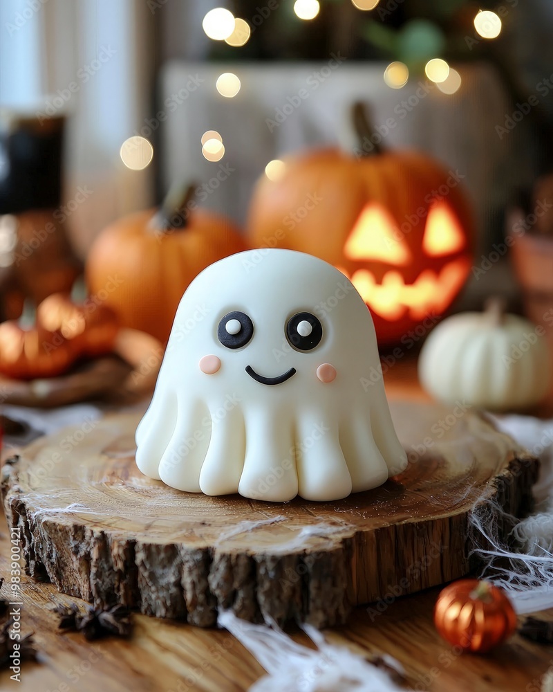Cute Halloween cake shaped like friendly ghost, covered in white fondant with big candy eyes. food perfect for autumn celebration. decor for events. Cute Halloween cake shaped like friendly ghost, covered in white fondant with big candy eyes. food perfect for autumn celebration. decor for events.