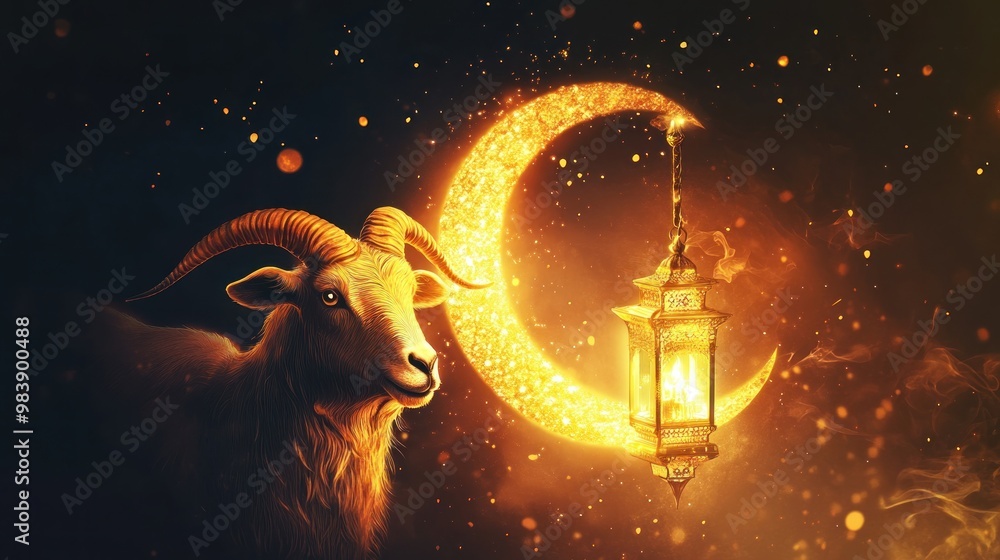 Eid al-Adha Celebration: Goat, Crescent Moon, and Lantern Eid al-Adha Celebration: Goat, Crescent Moon, and Lantern