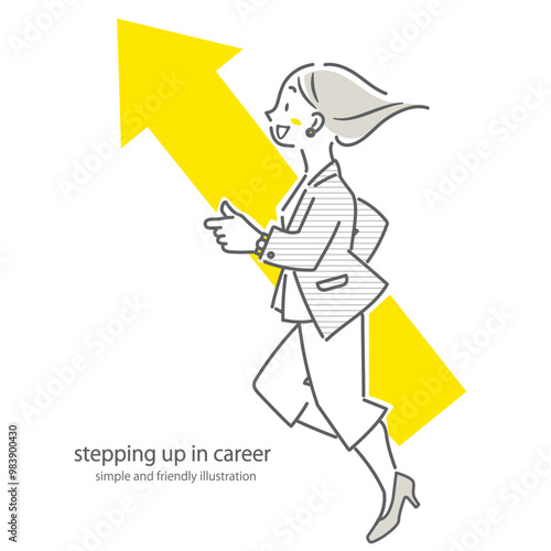 上昇思考の強いポジティブなビジネスウーマン　シンプルでお洒落な線画イラスト