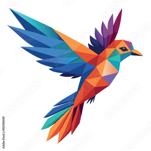 Low poly colorful bird flying on white background