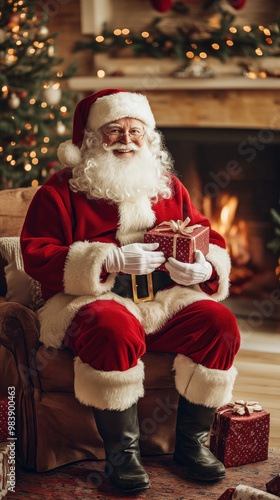 A man dressed as Santa Claus is sitting in a chair with a red suit and a white hat. He is holding a red present in his hands. The image conveys a festive and joyful mood