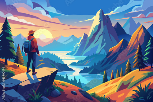  A hiker standing on a mountain top Vector Illustration