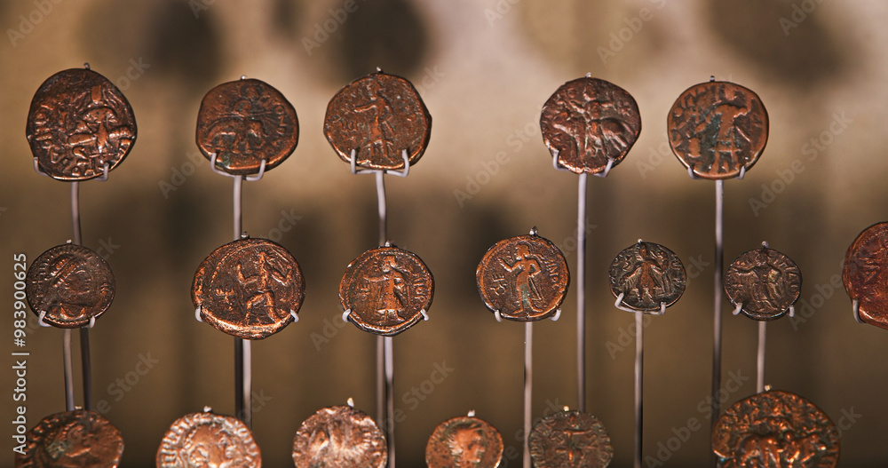 Set Of Ancient Coins of North Indian and Central Asian Kushan Empire -approximately 30 375 CE-, main coins issued were gold. Gold coins of king Havishka and king Vasudeva I