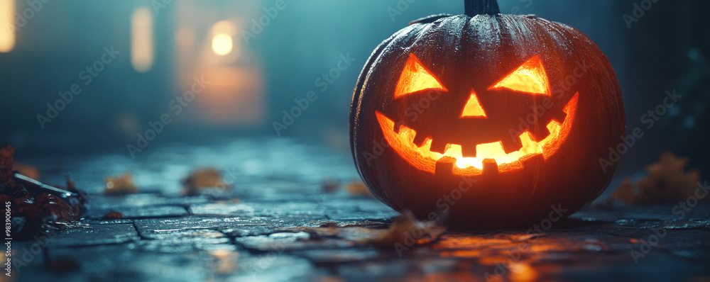 A pumpkin with a smiley face on it is sitting on a sidewalk. The pumpkin is lit up, giving it a spooky and festive appearance. The scene suggests that it is Halloween A pumpkin with a smiley face on it is sitting on a sidewalk. The pumpkin is lit up, giving it a spooky and festive appearance. The scene suggests that it is Halloween