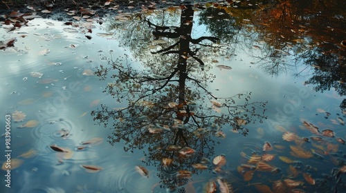 The treea s reflection in a nearby pond, a metaphor for introspection and the depths of understanding photo