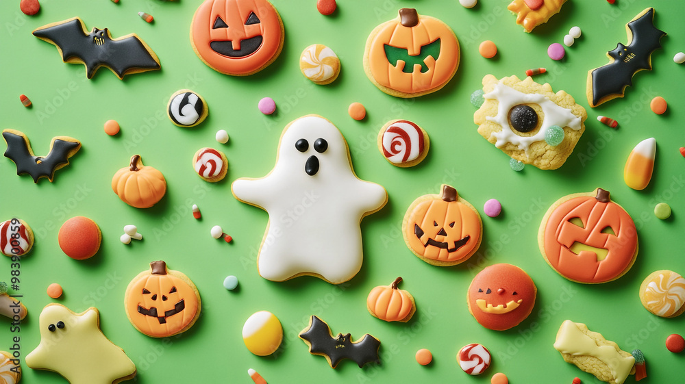 A festive Halloween spread of colorful cookies and candies displayed on a vibrant green background A festive Halloween spread of colorful cookies and candies displayed on a vibrant green background