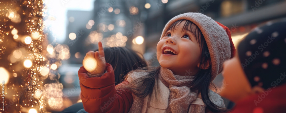 A young girl is smiling and pointing at a Christmas tree. She is wearing a red coat and a white scarf A young girl is smiling and pointing at a Christmas tree. She is wearing a red coat and a white scarf