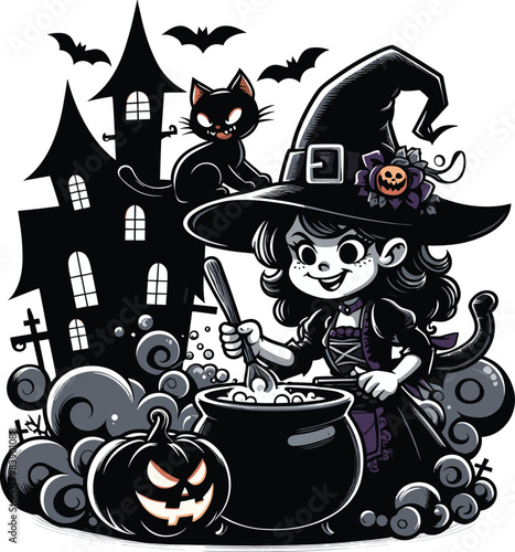 Adobe Illustrator Artwork mischievous witch stirring a bubbling cauldron with a spooky cat perched on her shoulder
