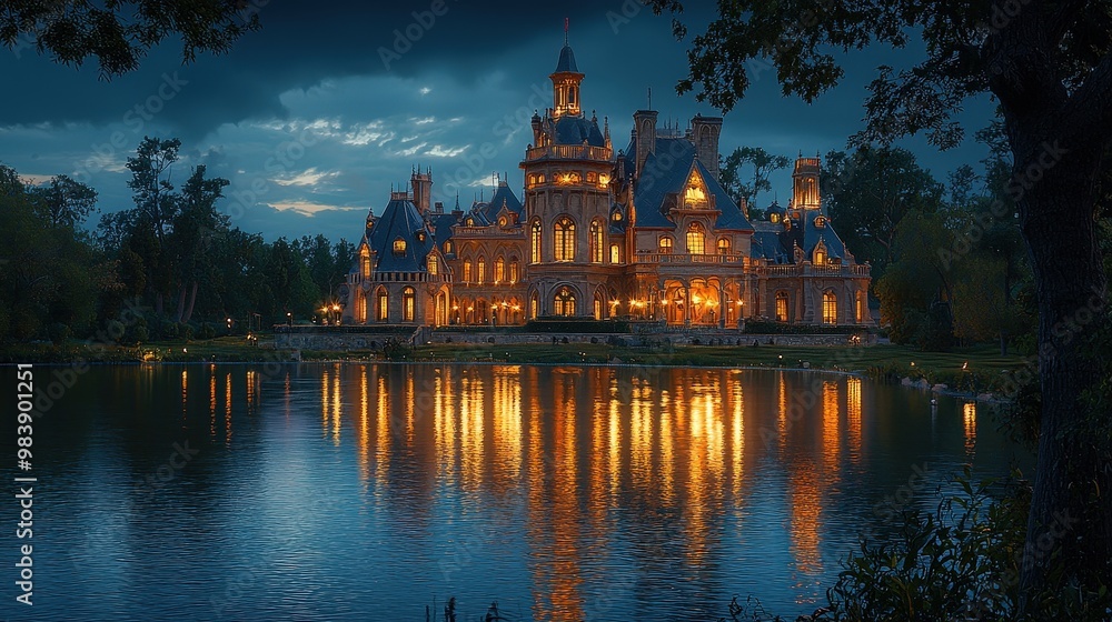 Fototapeta premium Illuminated Castle Reflection in Lake at Dusk
